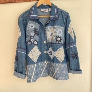 Vintage | Karen Hart Quilt Floral Patch work Denim Button Up Shirt Jacket XL